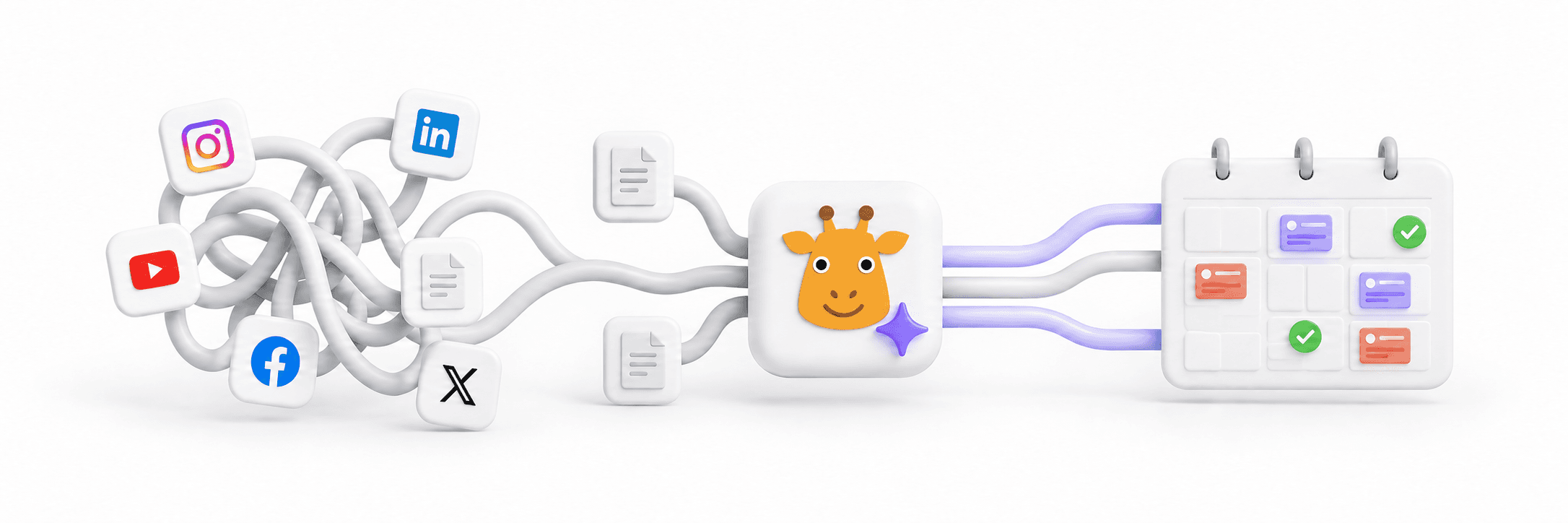 Content scattered across social channels comes together with an AI agent in an organized publishing calendar.
